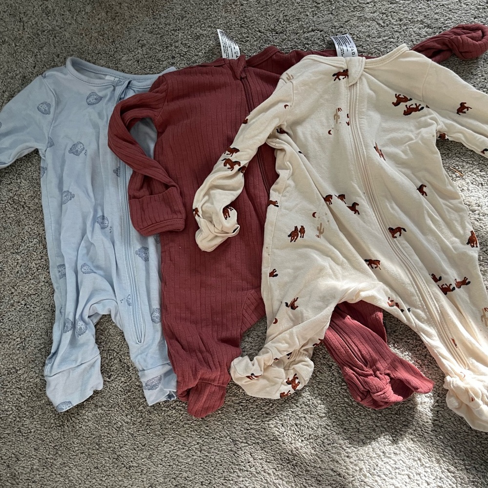 Charming Kids Footies Set - Light Blue, Red, Cream with Horses - Newborn - Baby